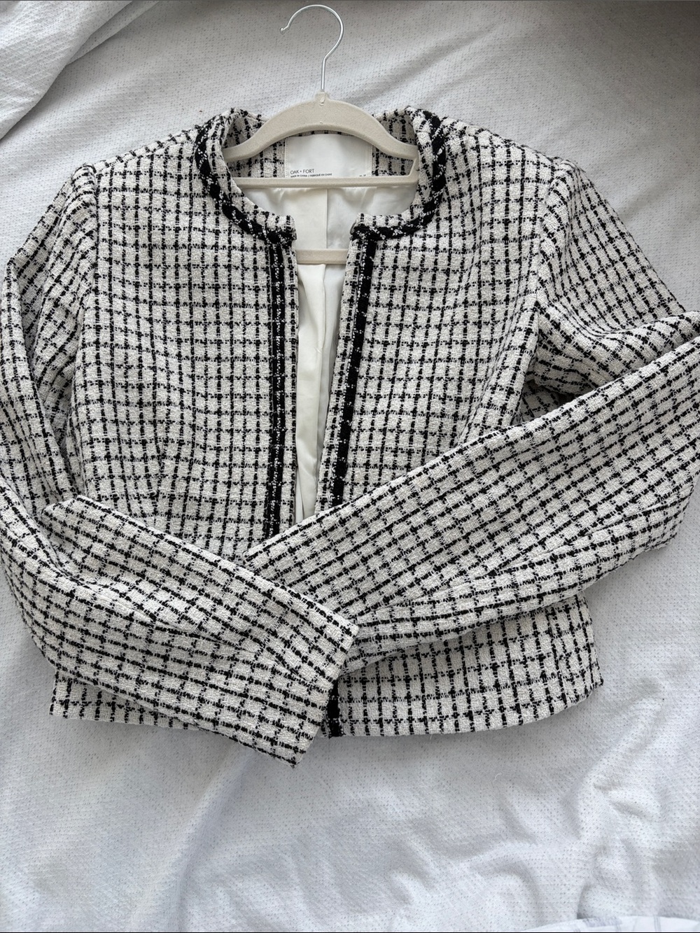 OAK + FORT Black & White Bouclé Tweed Cropped Jacket